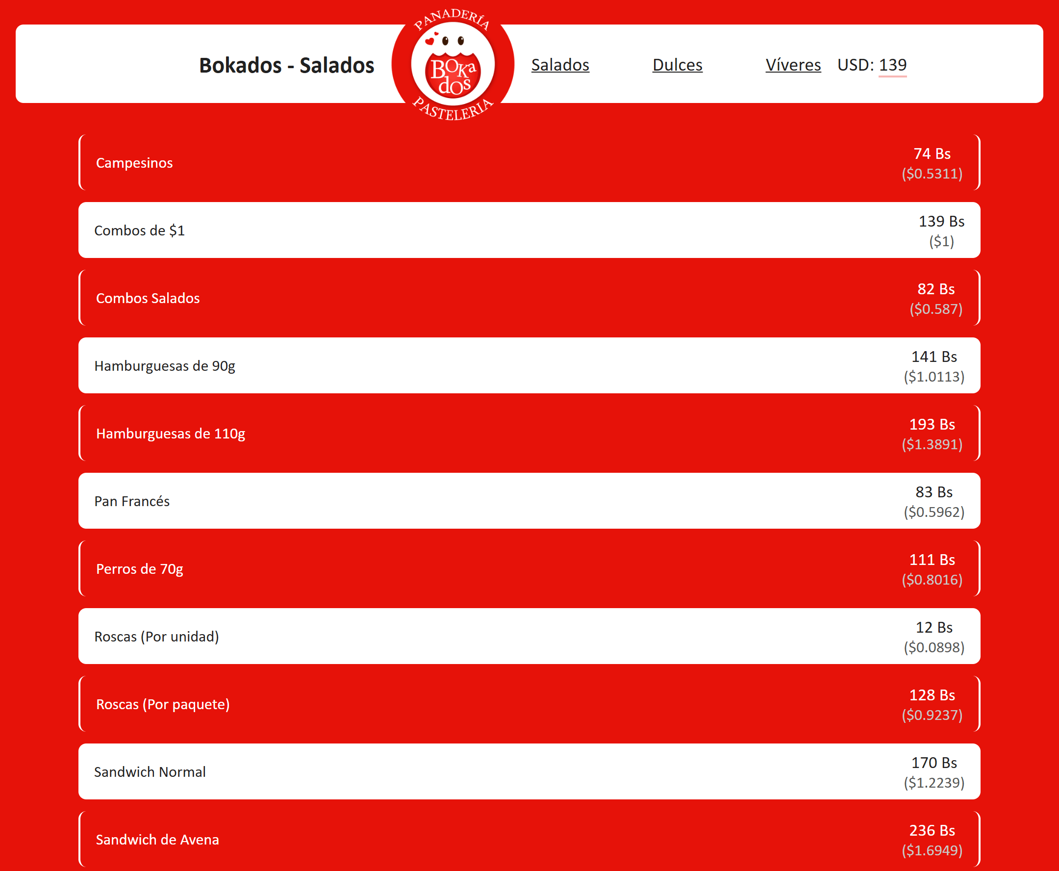 Bokados Menu Prices