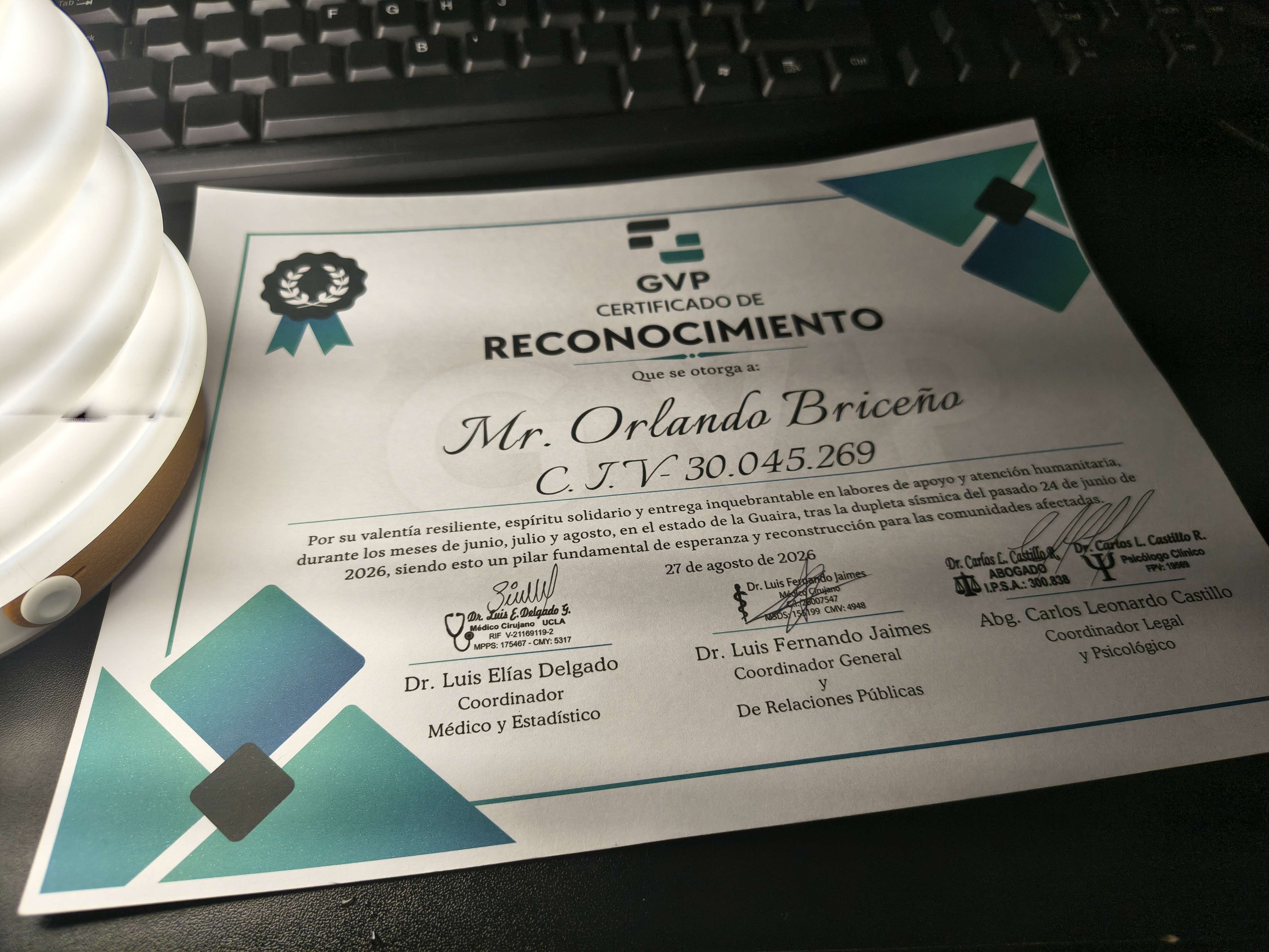 GVP certificate of recognition presented to Orlando Briceño