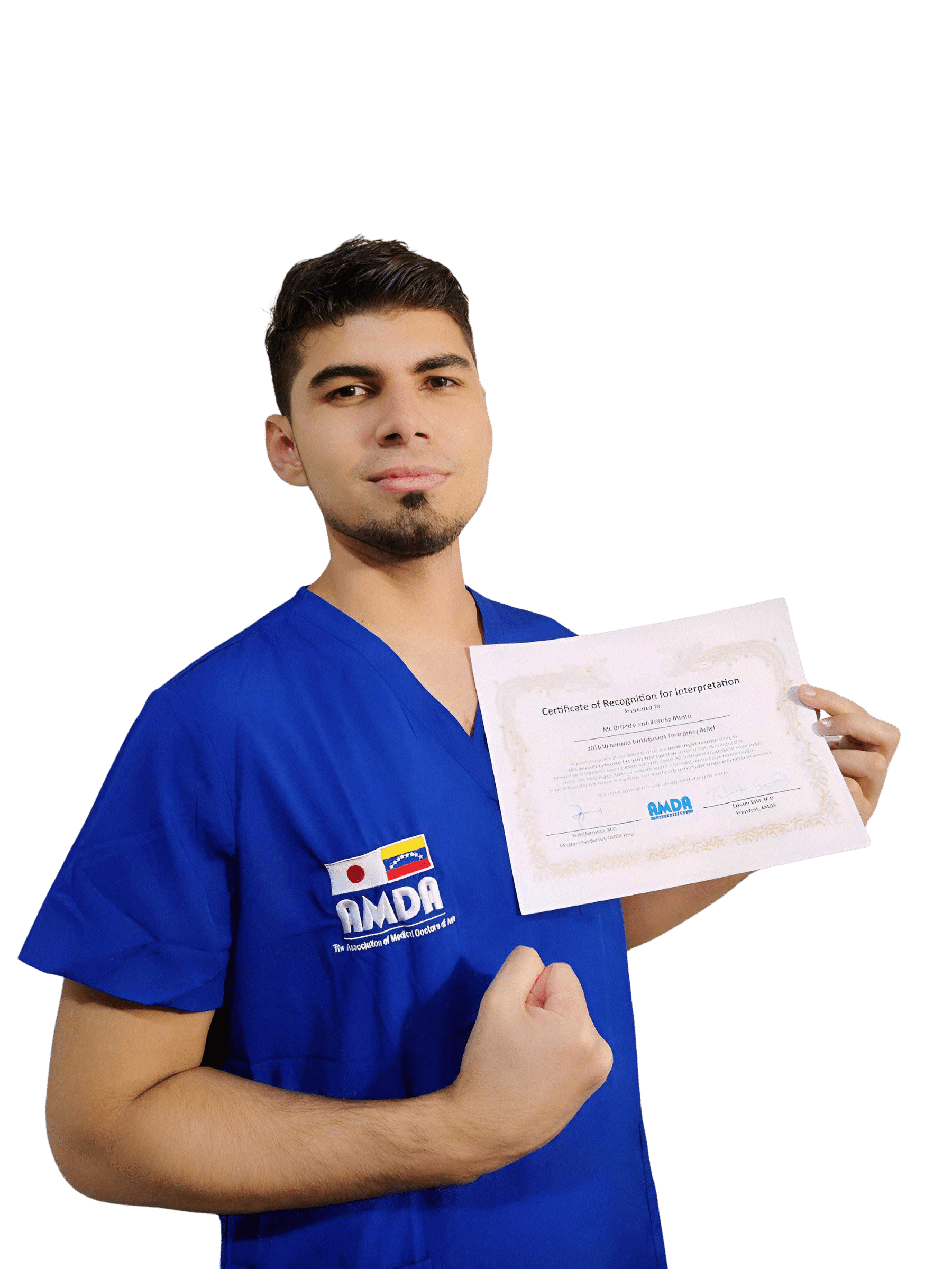 Orlando Briceño holding his AMDA interpretation certificate