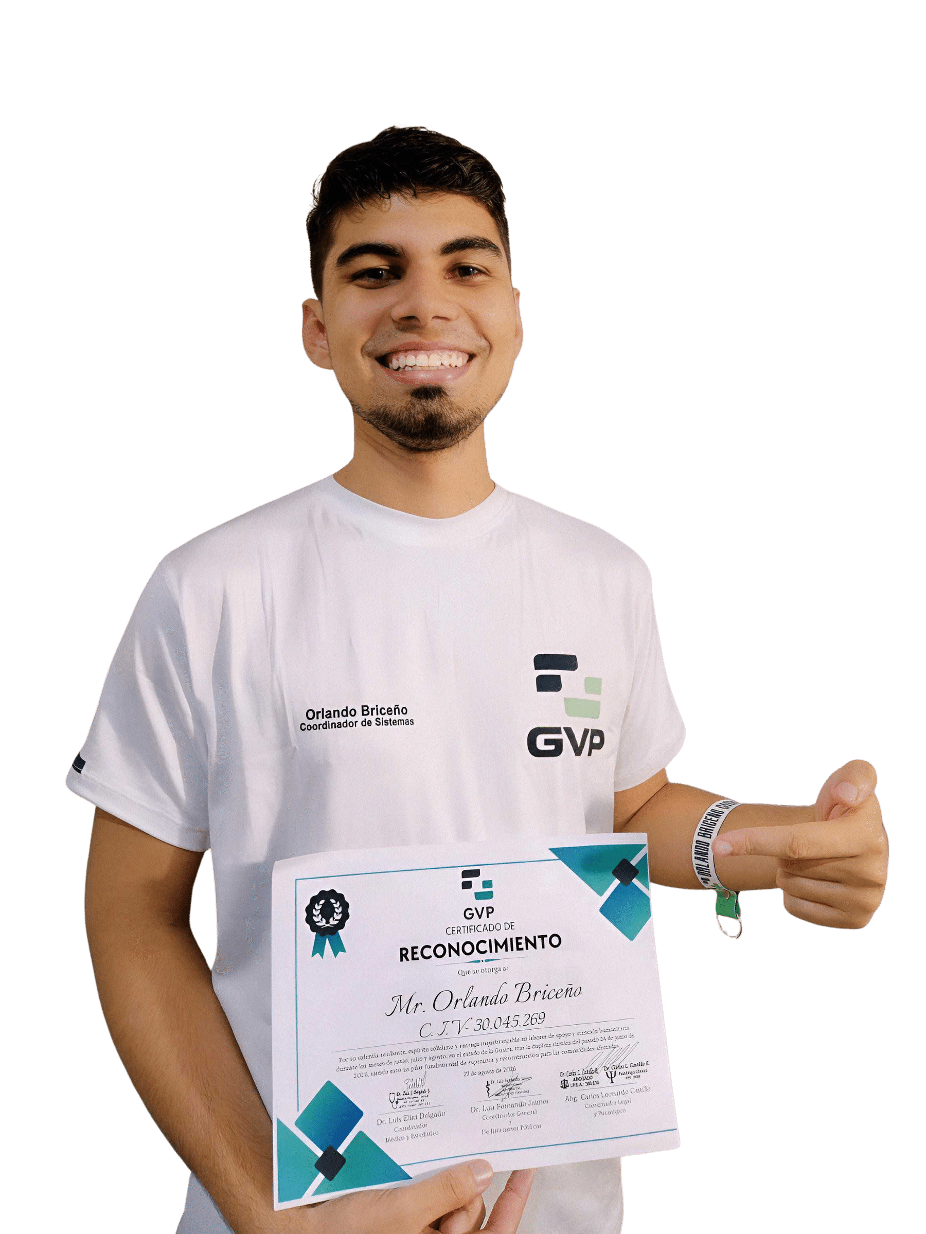 Orlando Briceño holding his GVP certificate of recognition